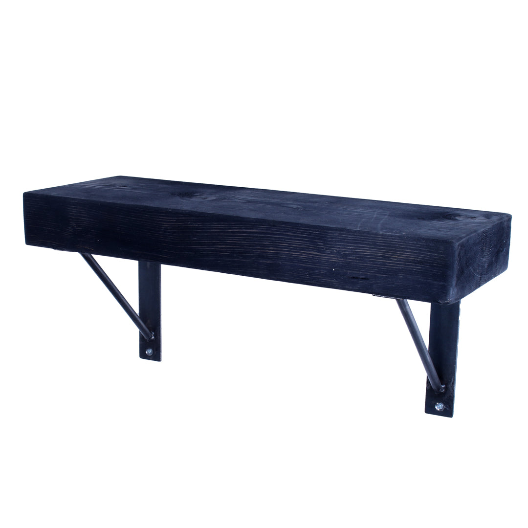 Chunky FSC pine garden shelf with rustic finish and heavy-duty square-bar steel brackets