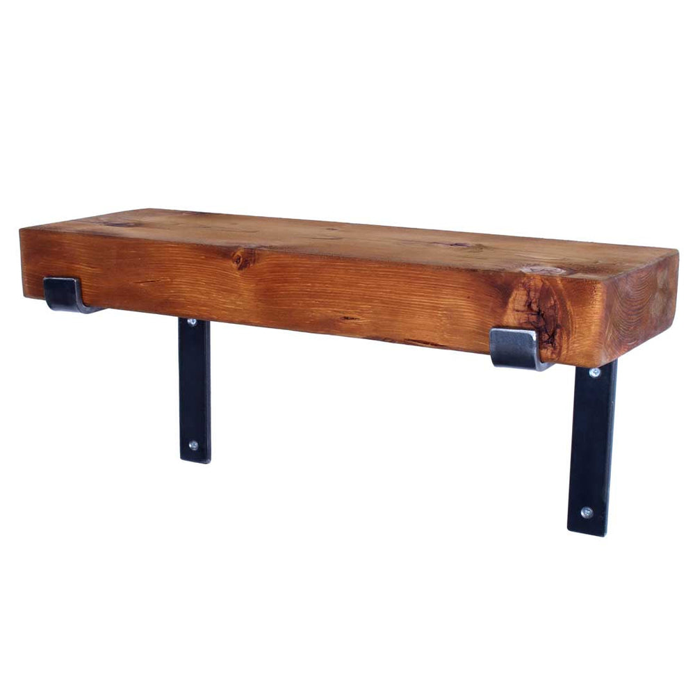 Extra-chunky rustic pine garden shelf with folded steel brackets