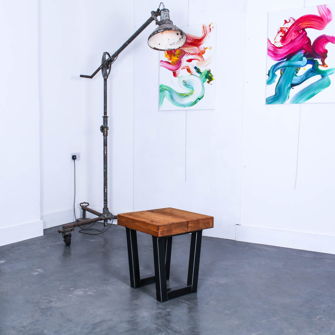 Crest and Weave industrial oak garden side table with trapezoidal steel legs