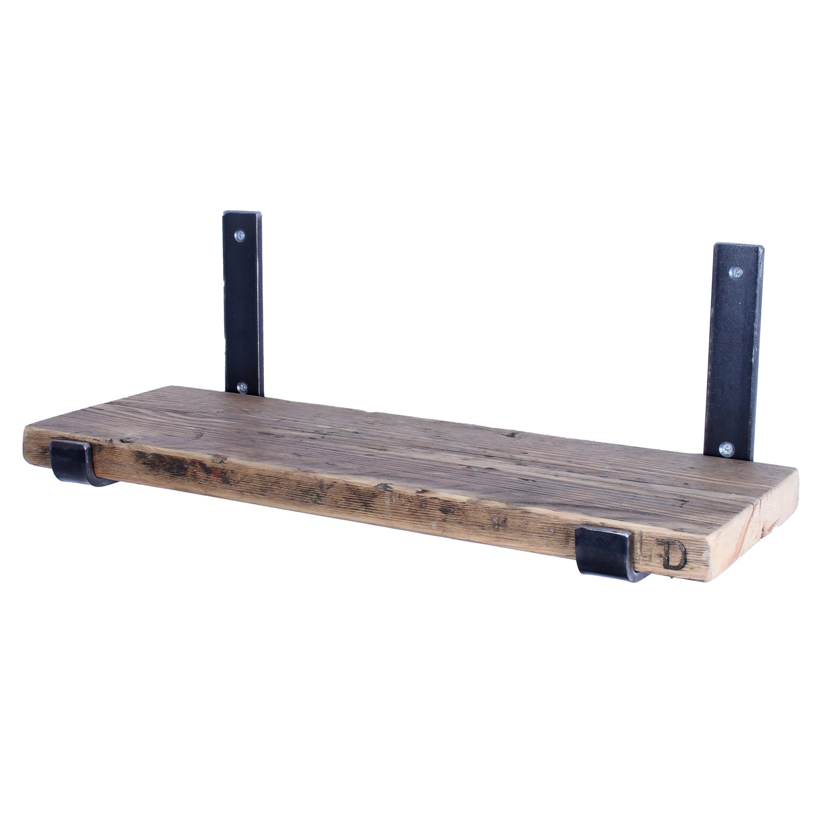 Rustic reclaimed scaffold-board garden shelf with upward folded steel brackets