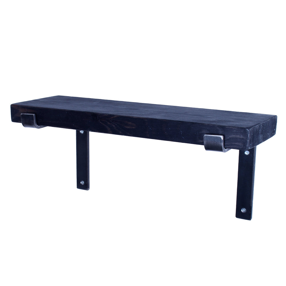 Chunky rustic pine garden shelf with upward folded steel brackets