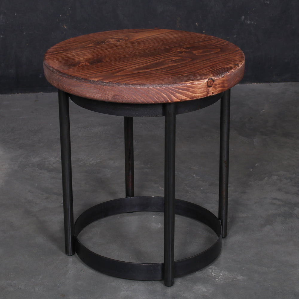 Round solid oak garden stool with a 420mm seat, 455mm height and rustic finish