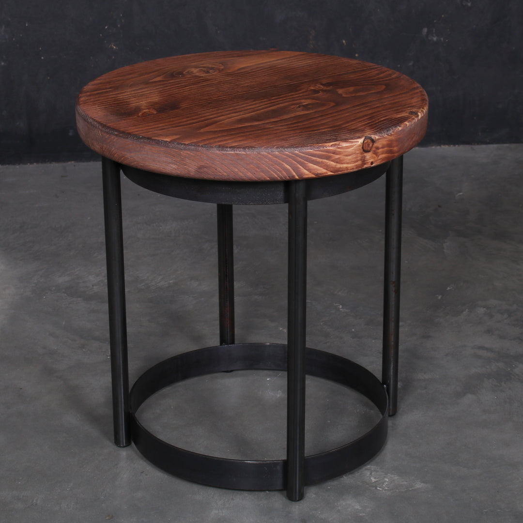 Round solid oak garden stool with a 420mm seat, 455mm height and rustic finish