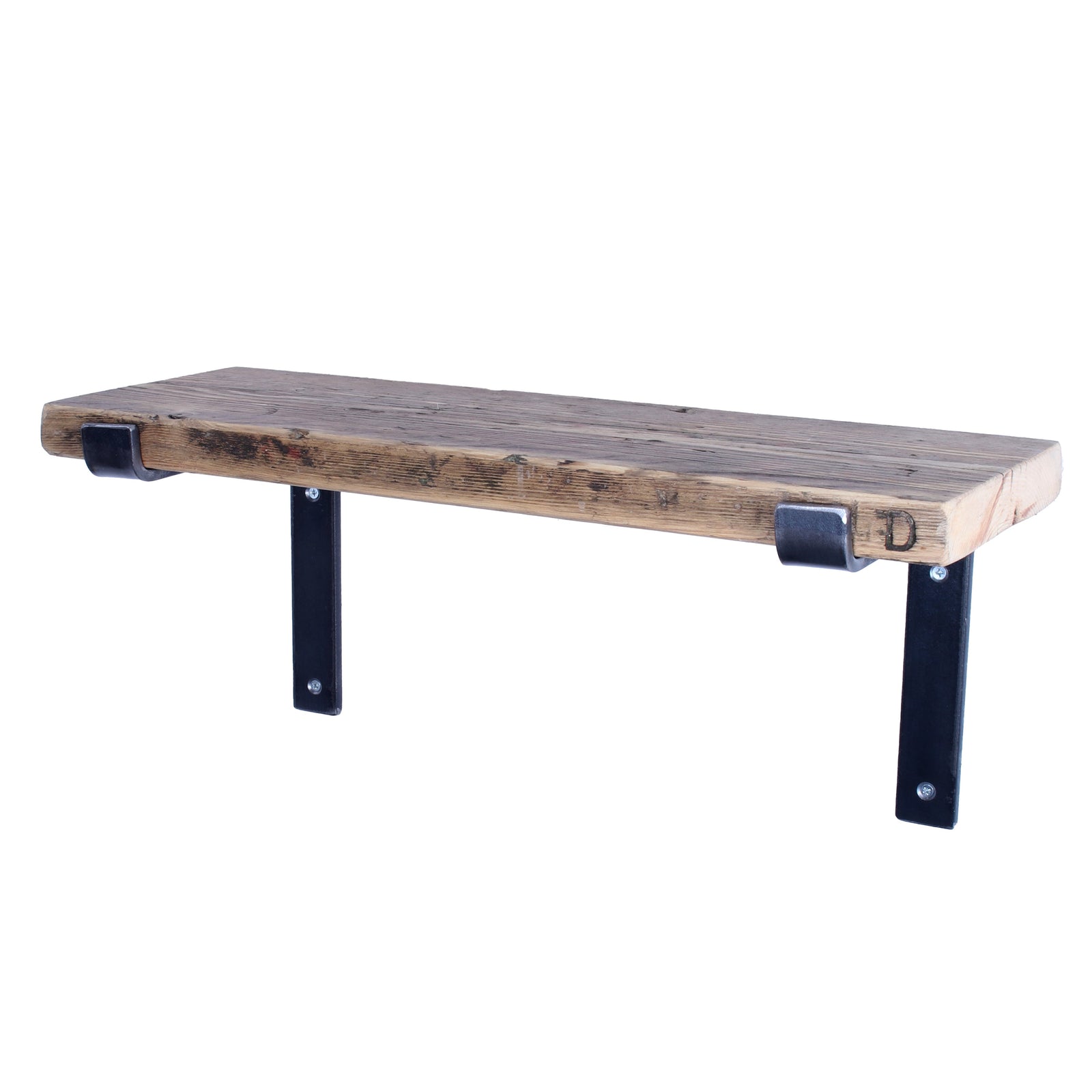 Reclaimed scaffold-board garden shelf with rustic finish and folded-down steel brackets