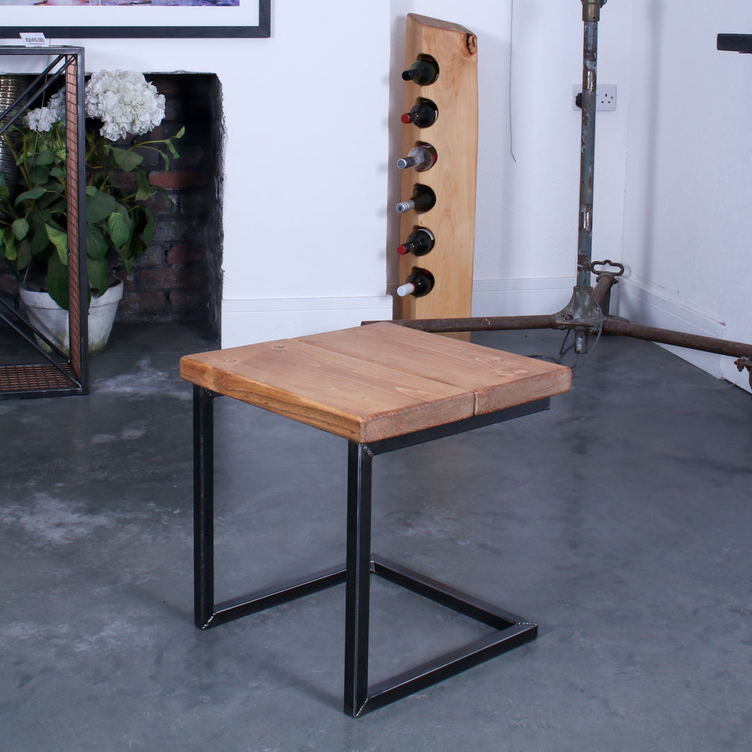 Low solid oak garden stool with a square seat, chunky 48mm boards and rustic finish
