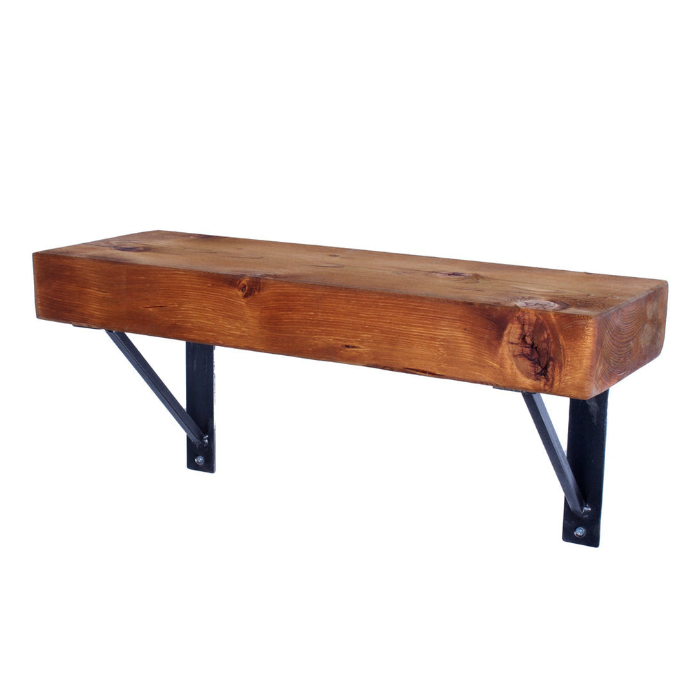Rustic solid oak garden shelf with heavy-duty square-bar steel brackets