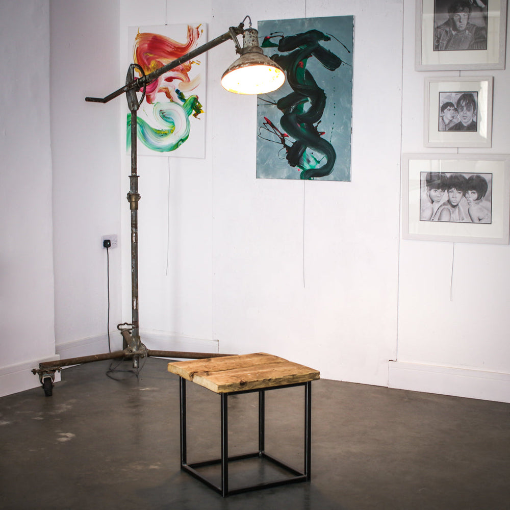 Crest and Weave reclaimed scaffold-board side table with a cube-shaped steel frame