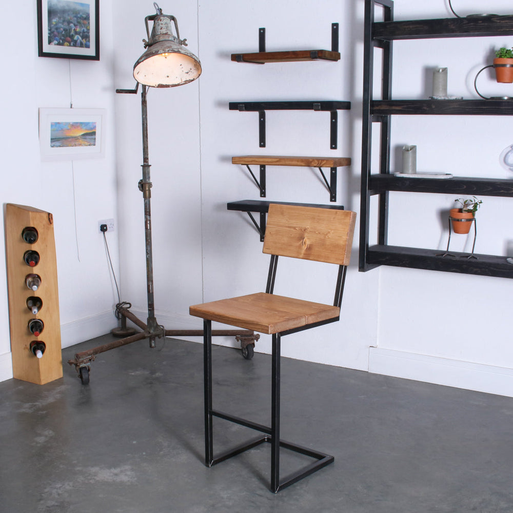 Crest and Weave rustic oak garden bar stool with steel cantilever frame and backrest