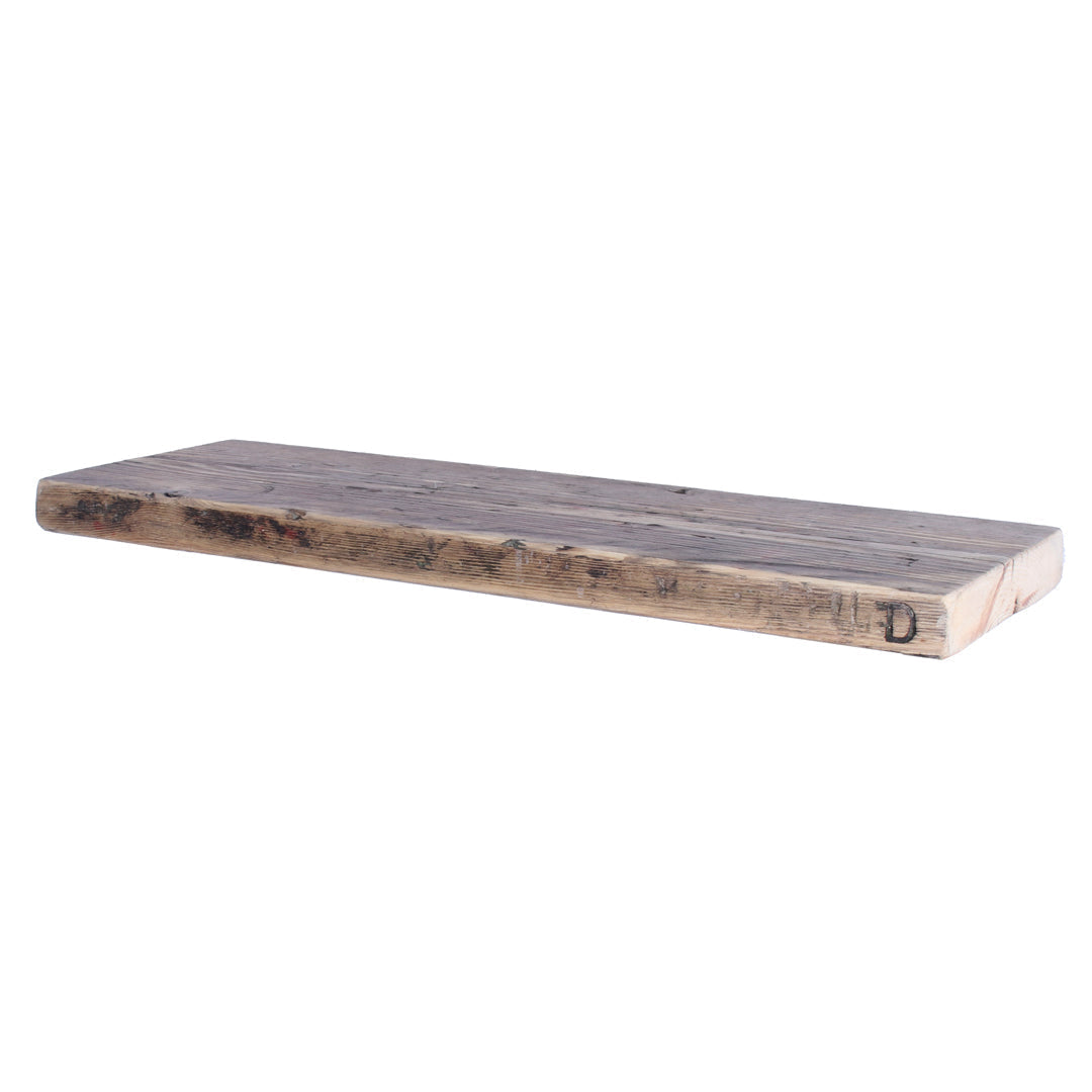 Rustic reclaimed scaffold garden shelf board with weathered grain and nail marks
