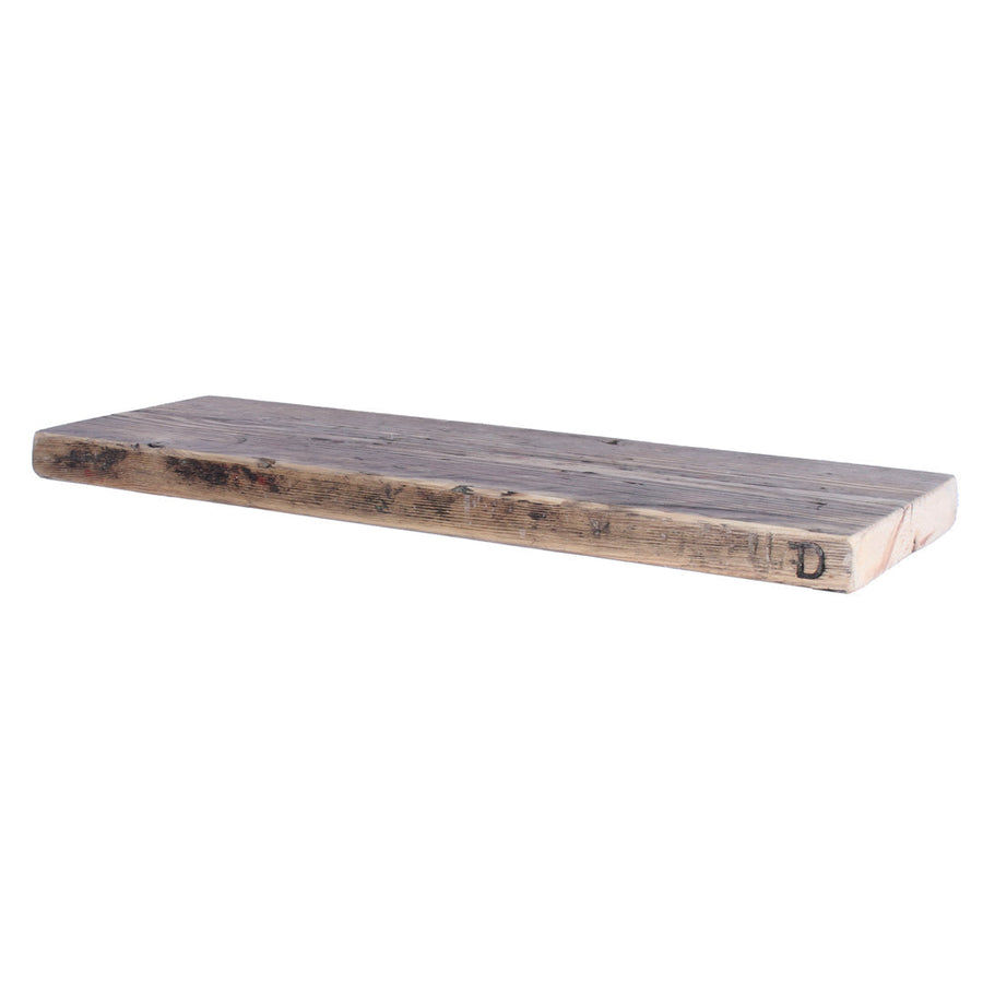 Rustic reclaimed scaffold garden shelf board with weathered grain and nail marks