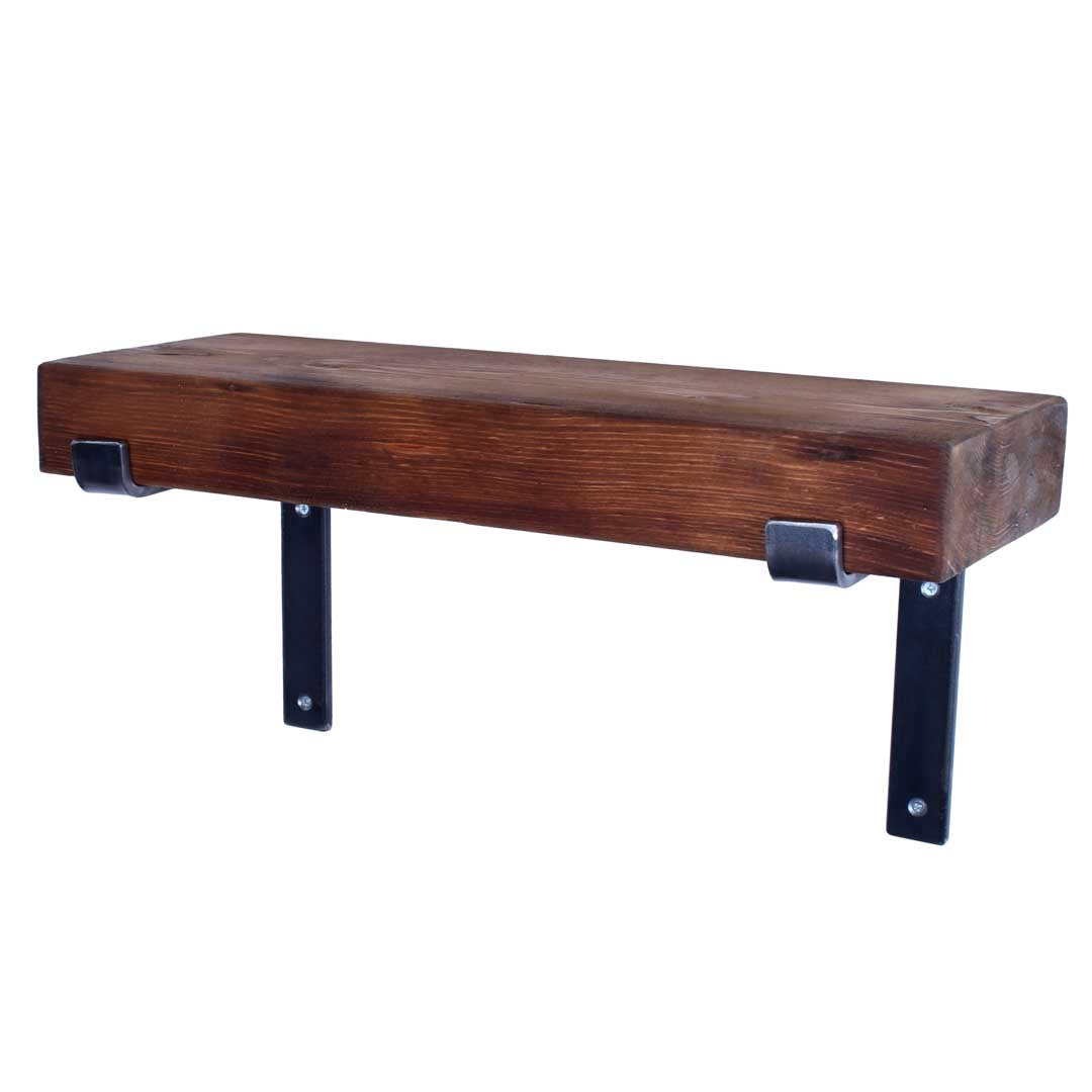 Extra-chunky rustic pine garden shelf with folded steel brackets
