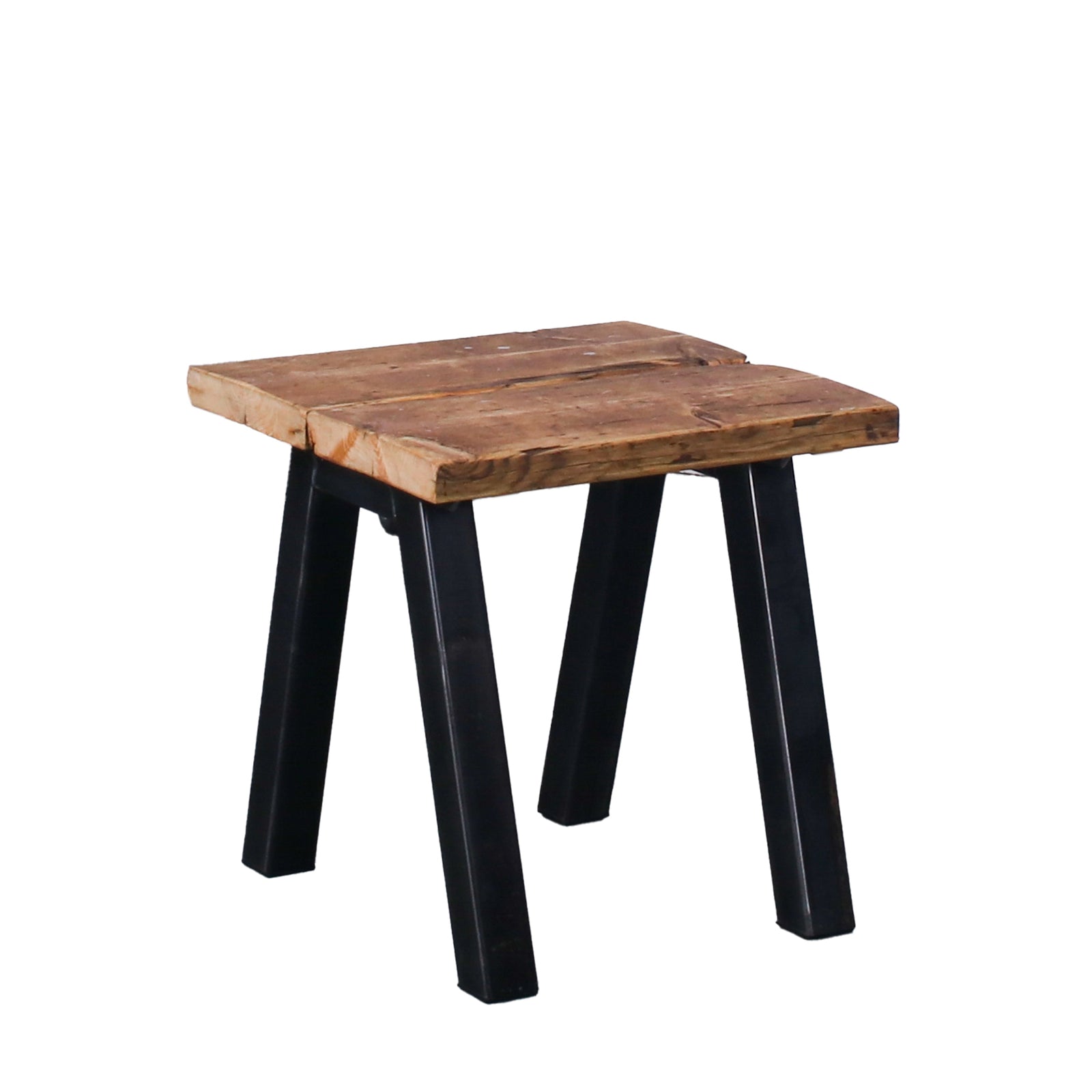 Rustic reclaimed scaffold-board garden stool with a square 440mm top