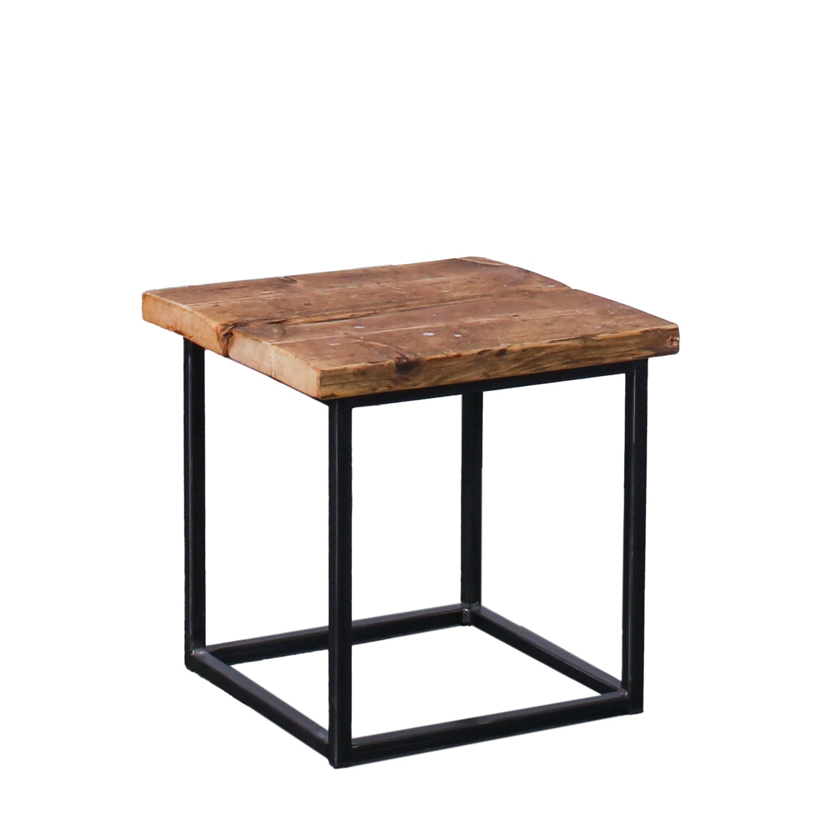 Crest and Weave reclaimed scaffold-board side table with a cube-shaped steel frame
