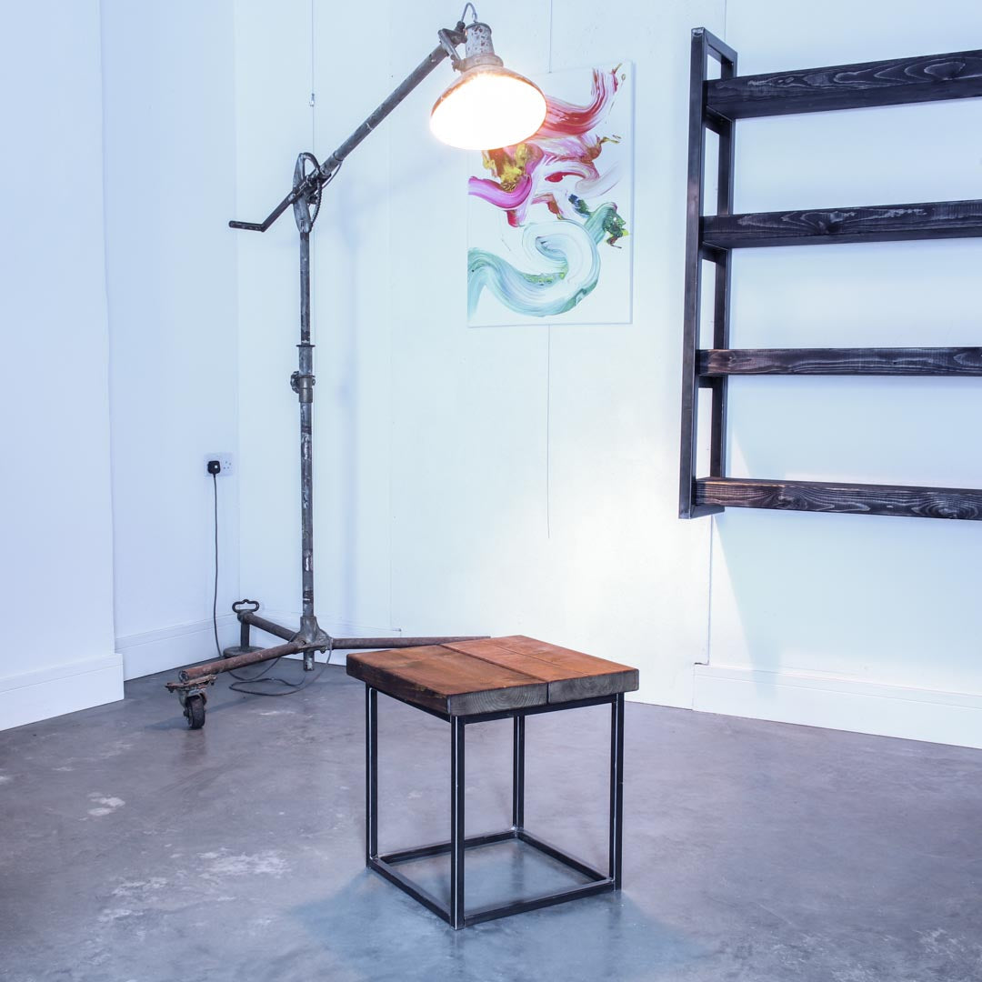 Rustic solid oak garden side table with a square top and compact steel cube frame