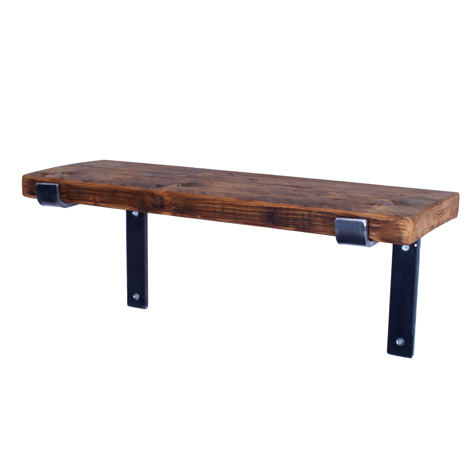 Reclaimed scaffold-board garden shelf with rustic finish and folded-down steel brackets