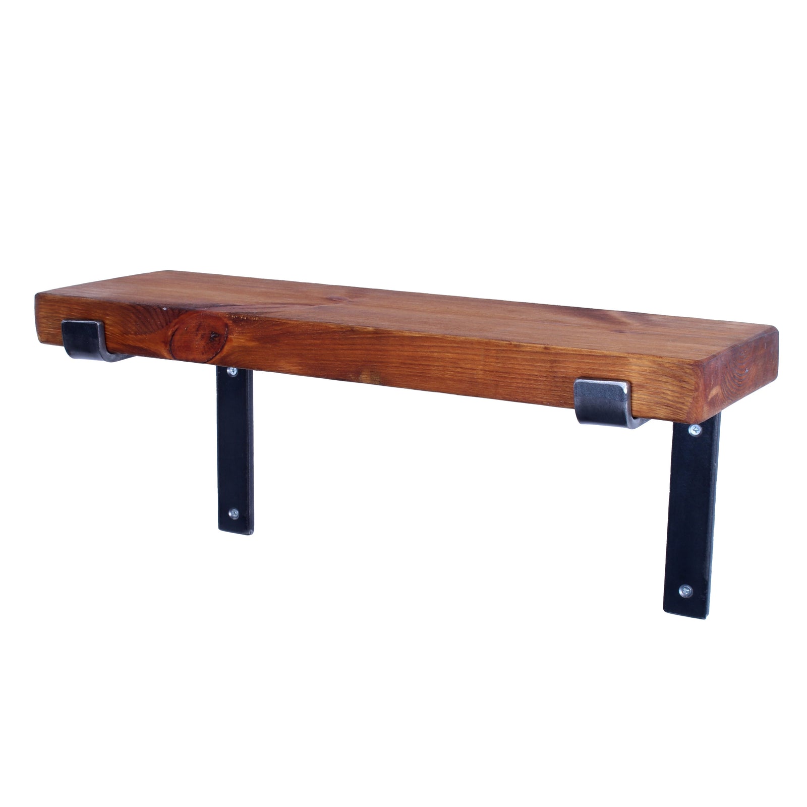 Chunky rustic pine garden shelf with upward folded steel brackets