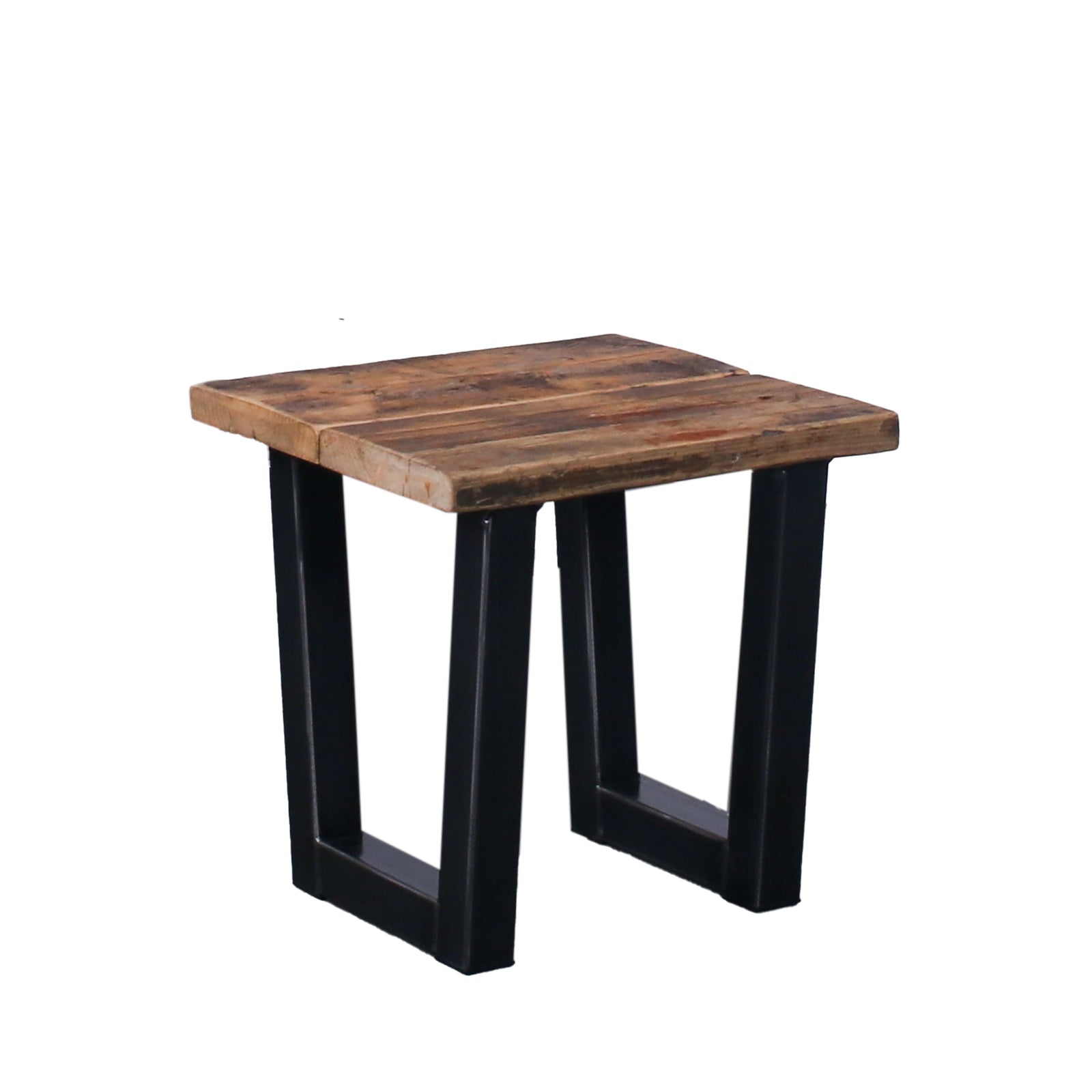 Reclaimed scaffold-board garden side table with trapezoidal steel legs