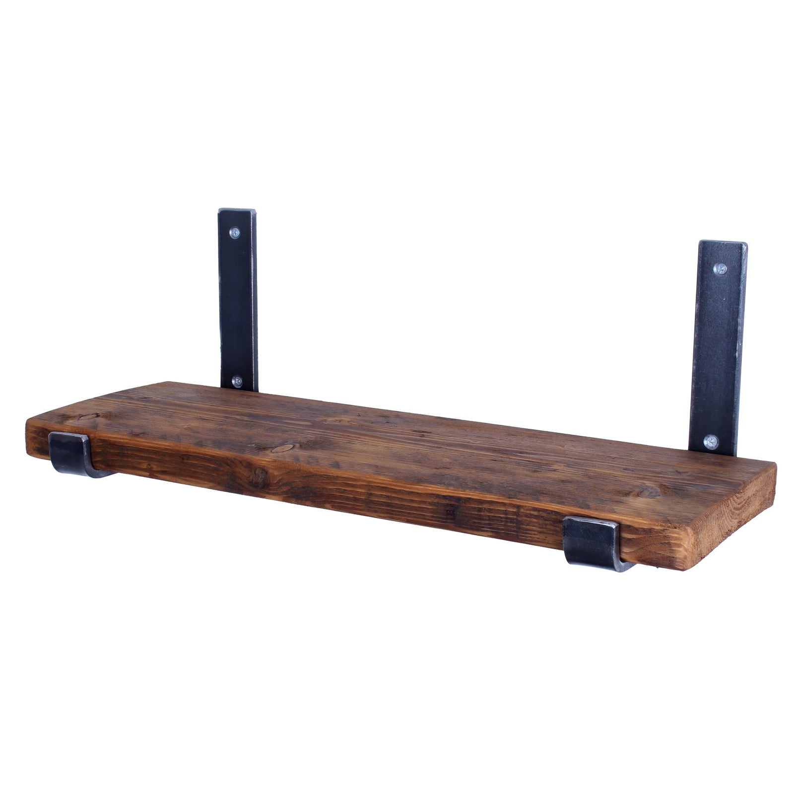 Rustic reclaimed scaffold-board garden shelf with upward folded steel brackets