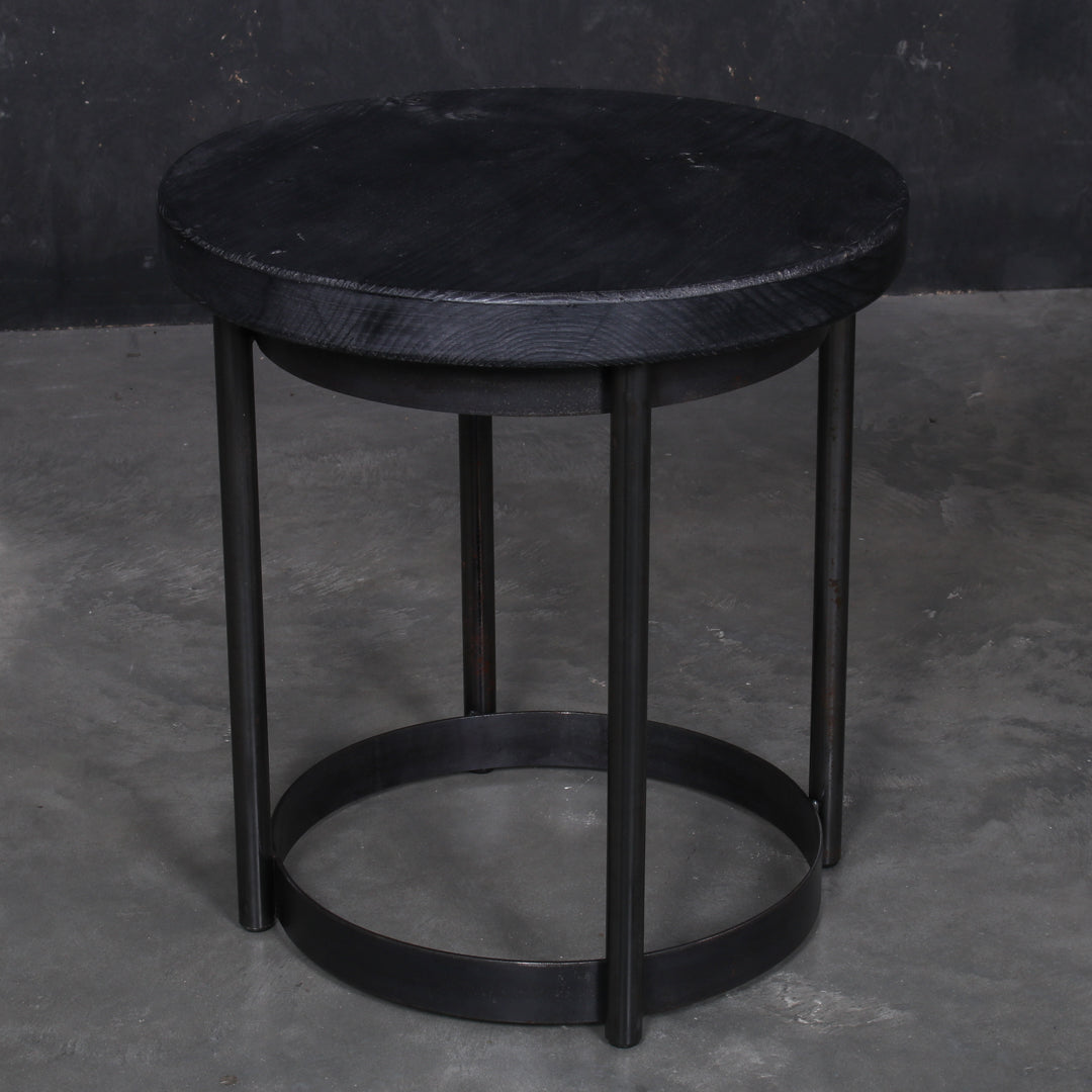 Round solid oak garden stool with a 420mm seat, 455mm height and rustic finish