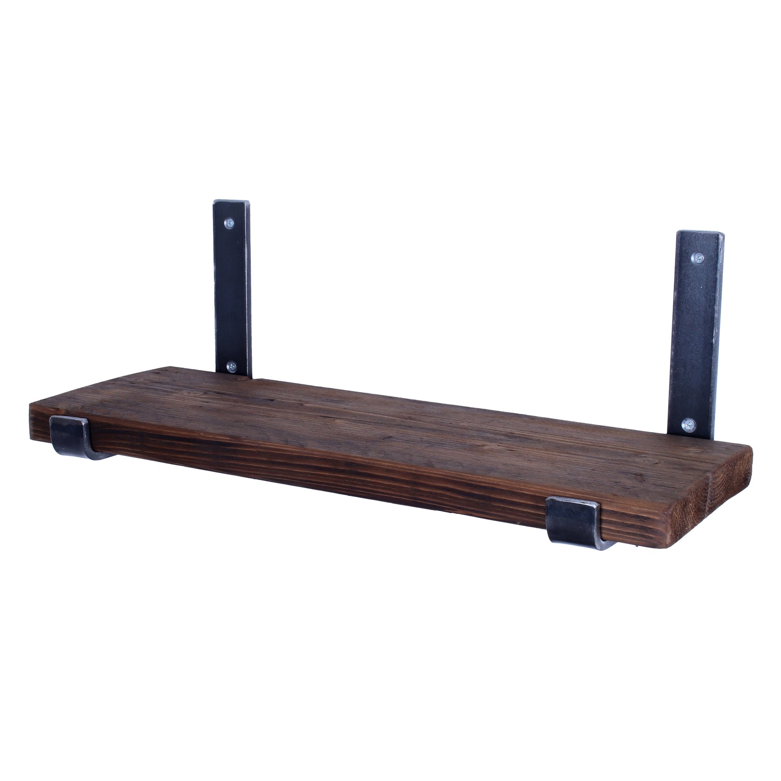 Rustic reclaimed scaffold-board garden shelf with upward folded steel brackets