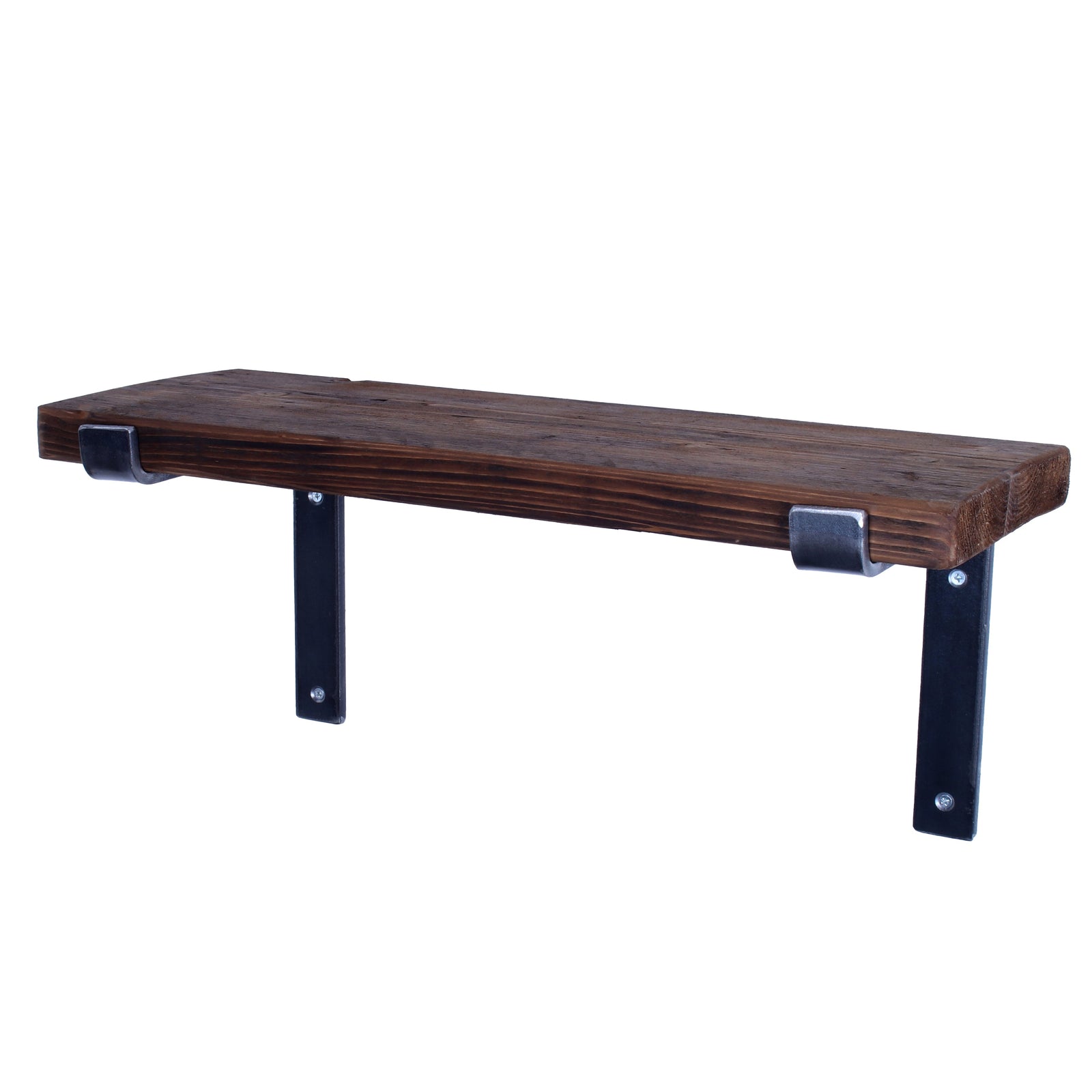 Reclaimed scaffold-board garden shelf with rustic finish and folded-down steel brackets