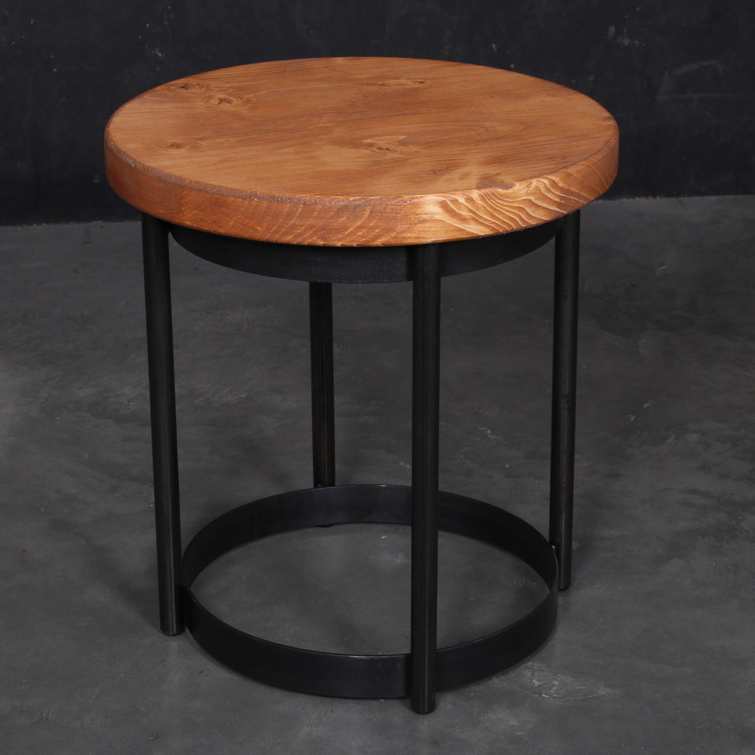 Round solid oak garden stool with a 420mm seat, 455mm height and rustic finish