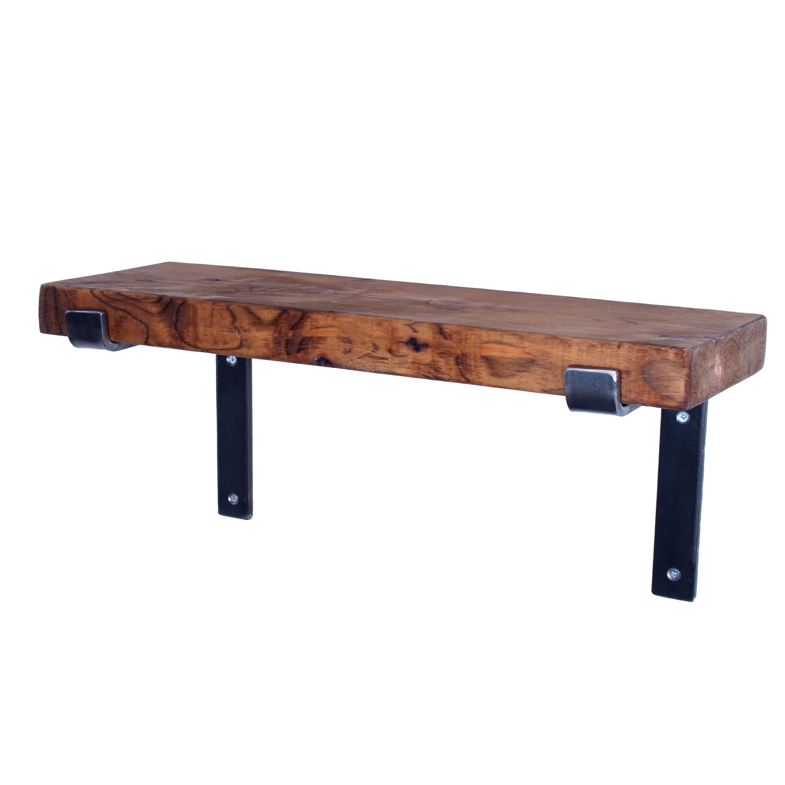 Chunky rustic pine garden shelf with upward folded steel brackets