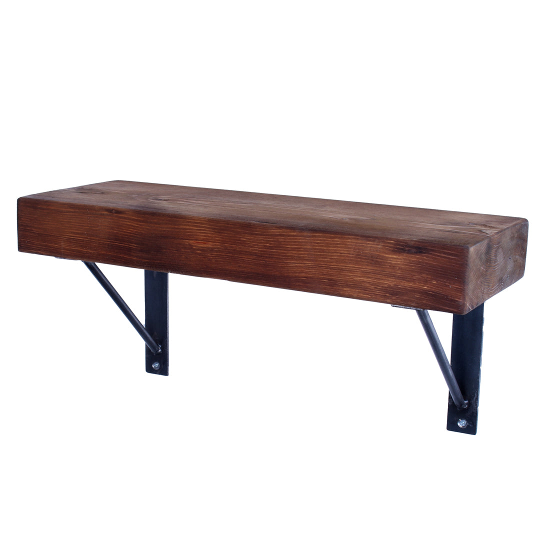 Chunky FSC pine garden shelf with rustic finish and heavy-duty square-bar steel brackets