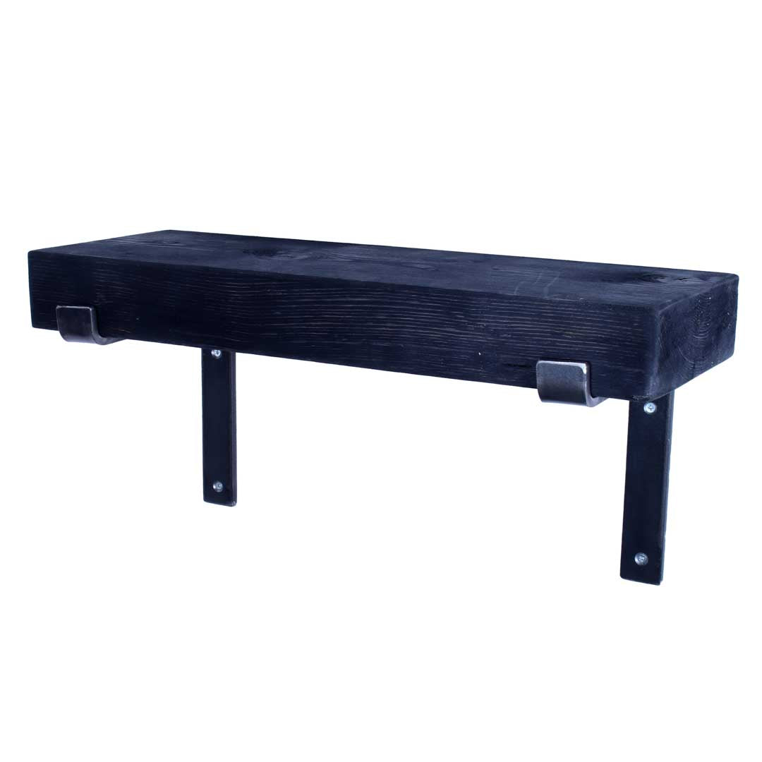 Extra-chunky rustic pine garden shelf with folded steel brackets