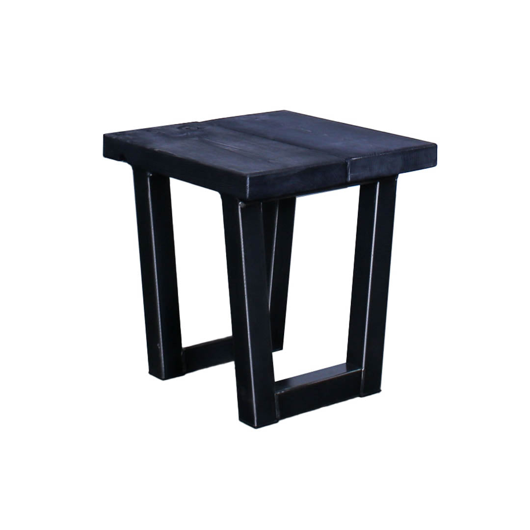 Crest and Weave solid oak low garden stool with a chunky square seat and trapezoidal steel legs