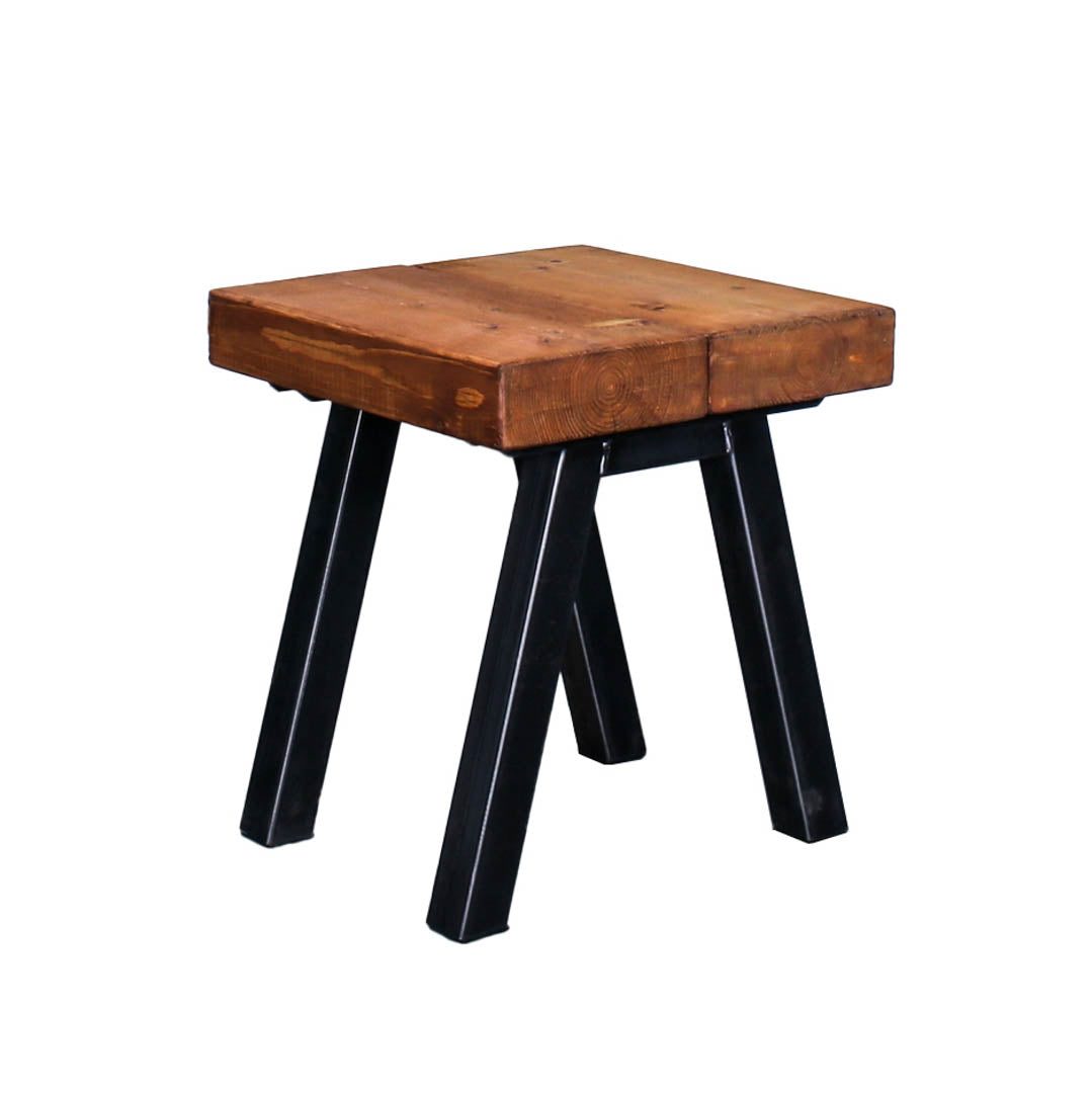 Solid oak garden side table with a chunky square top and four angled steel legs
