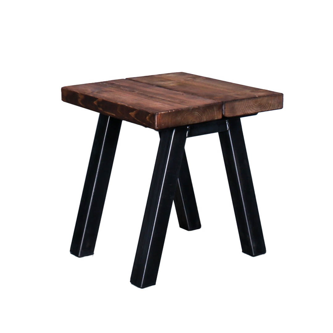 Rustic solid oak garden side table with a thick square top and four angled steel legs