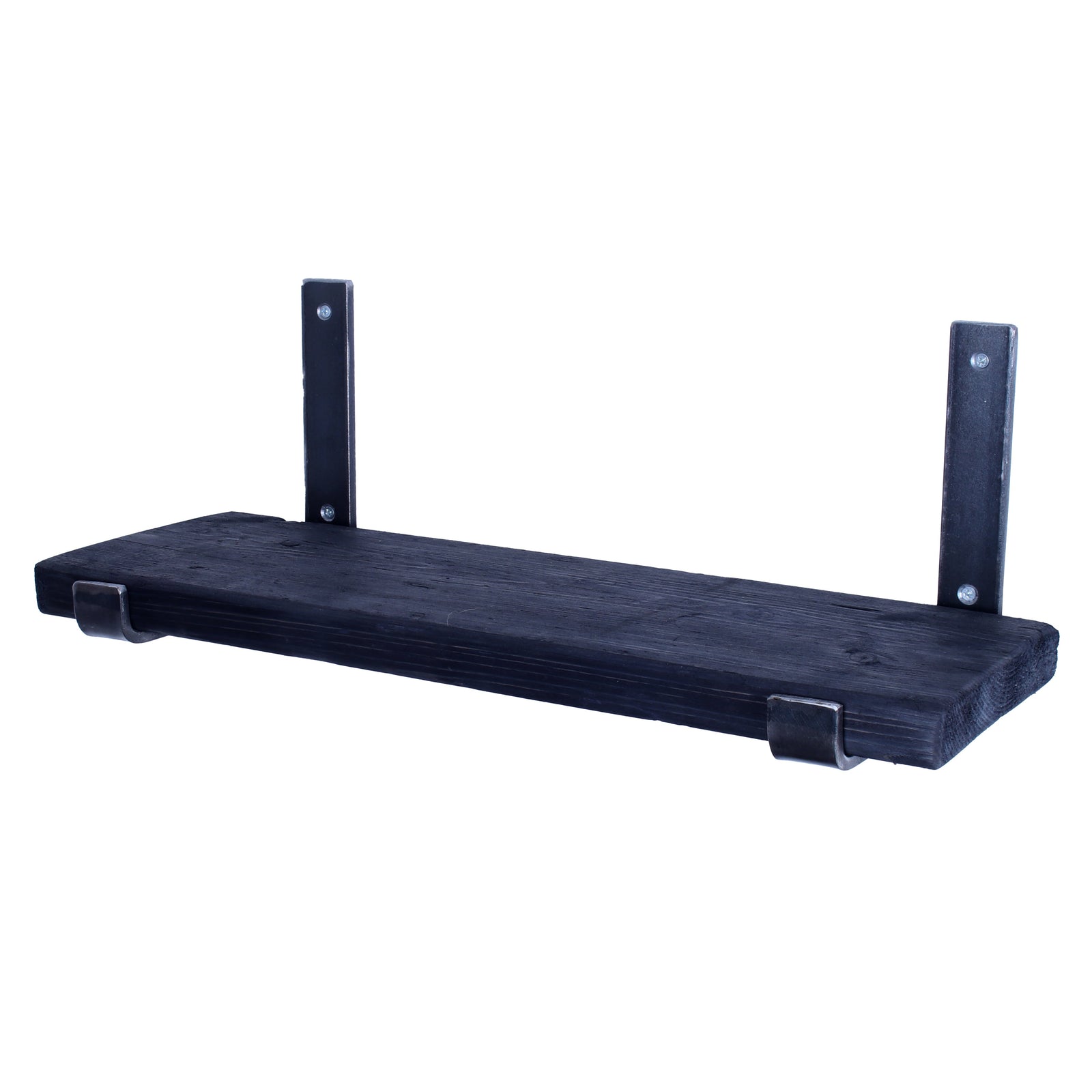 Rustic reclaimed scaffold-board garden shelf with upward folded steel brackets