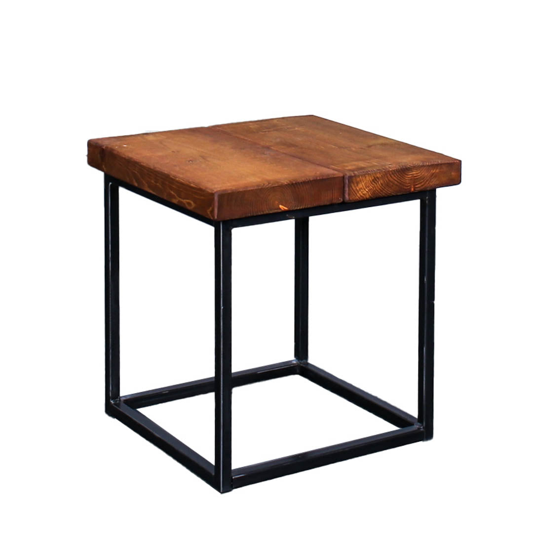 Rustic solid oak garden side table with a square top and compact steel cube frame
