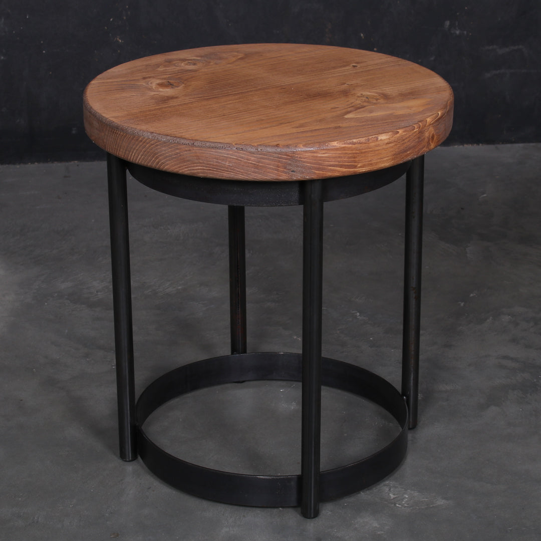 Round solid oak garden stool with a 420mm seat, 455mm height and rustic finish