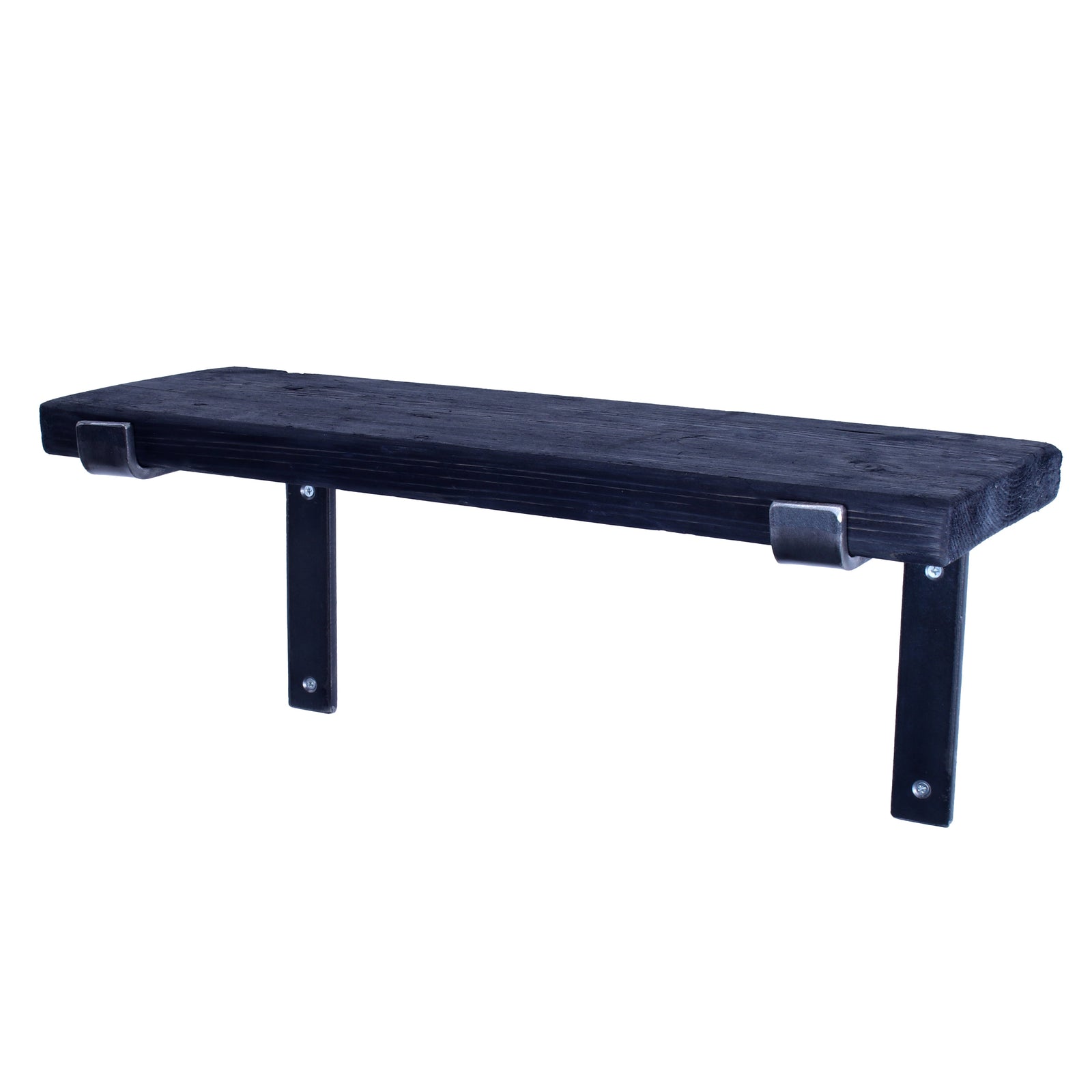 Reclaimed scaffold-board garden shelf with rustic finish and folded-down steel brackets