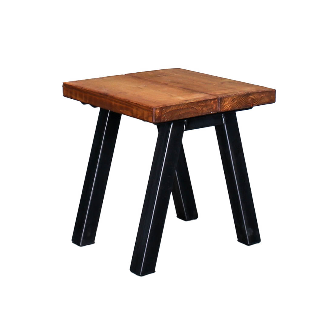 Rustic solid oak garden side table with a thick square top and four angled steel legs