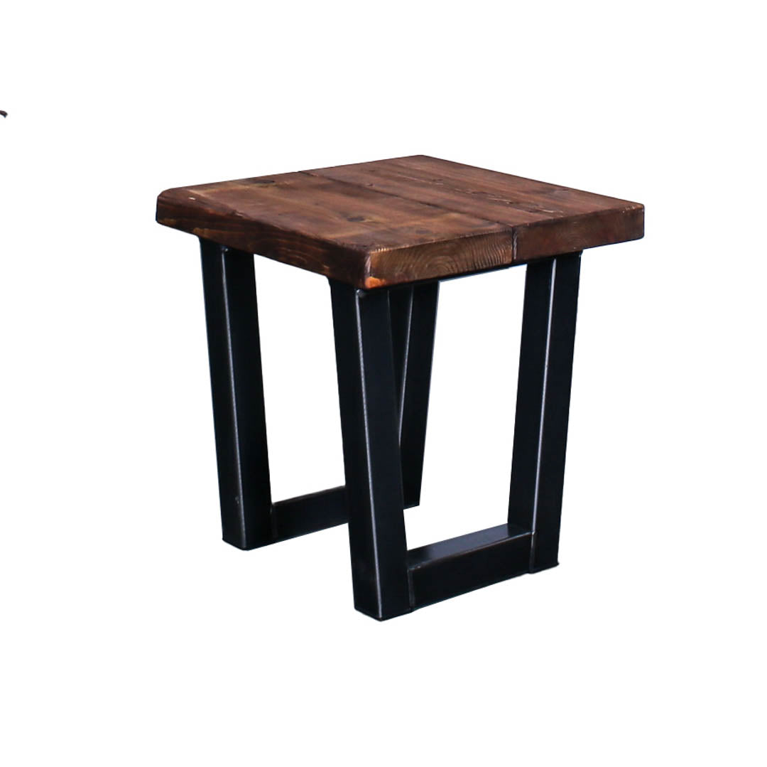 Crest and Weave solid oak side table with trapezoidal steel legs and an industrial finish