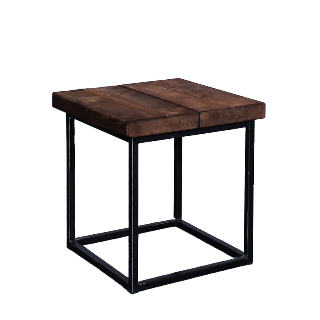 Rustic solid oak garden side table with a square top and compact steel cube frame