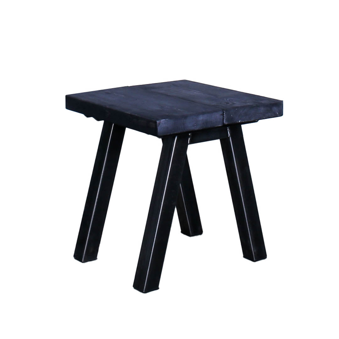 Rustic solid oak garden low stool with a thick square seat and four angled steel legs
