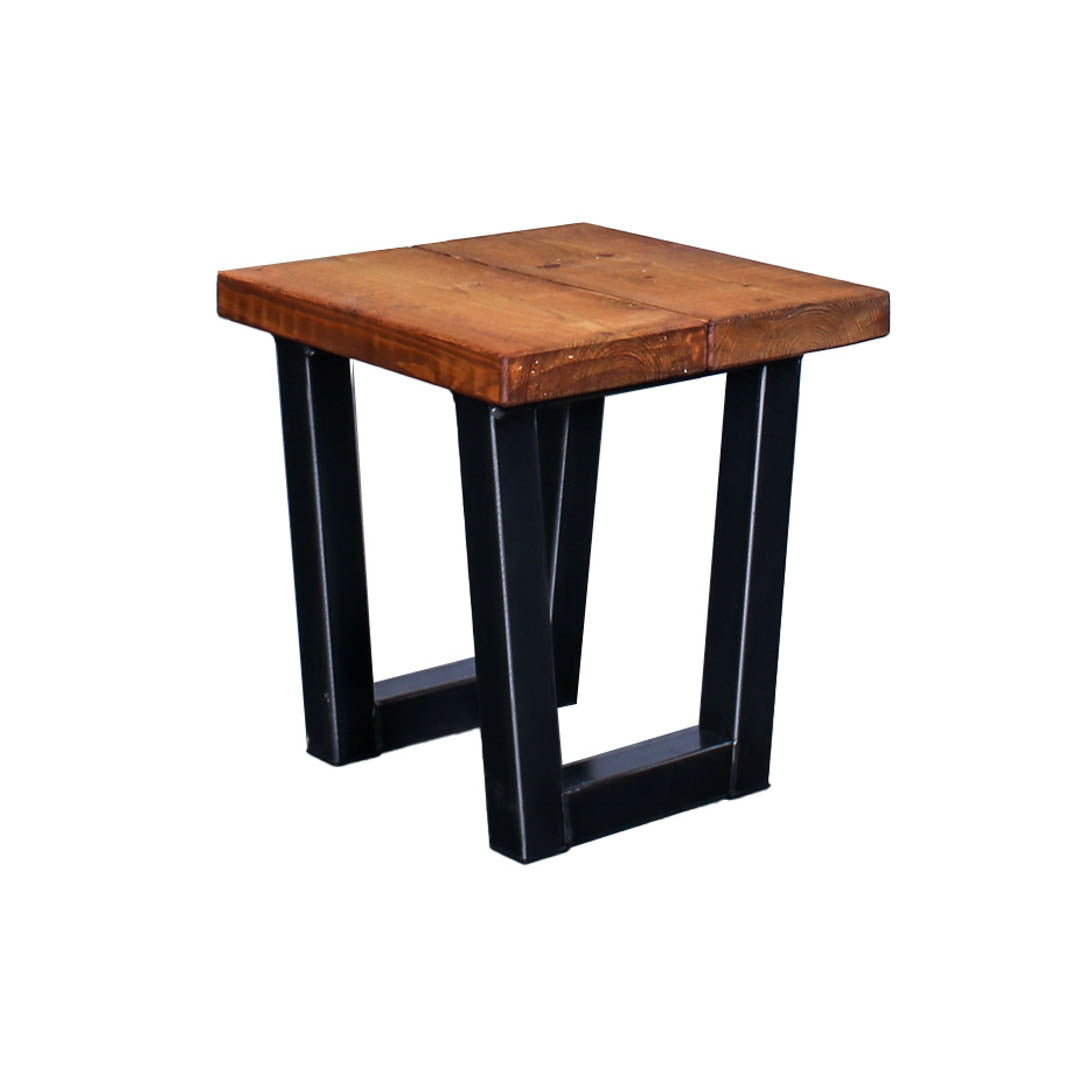 Crest and Weave solid oak low garden stool with a chunky square seat and trapezoidal steel legs