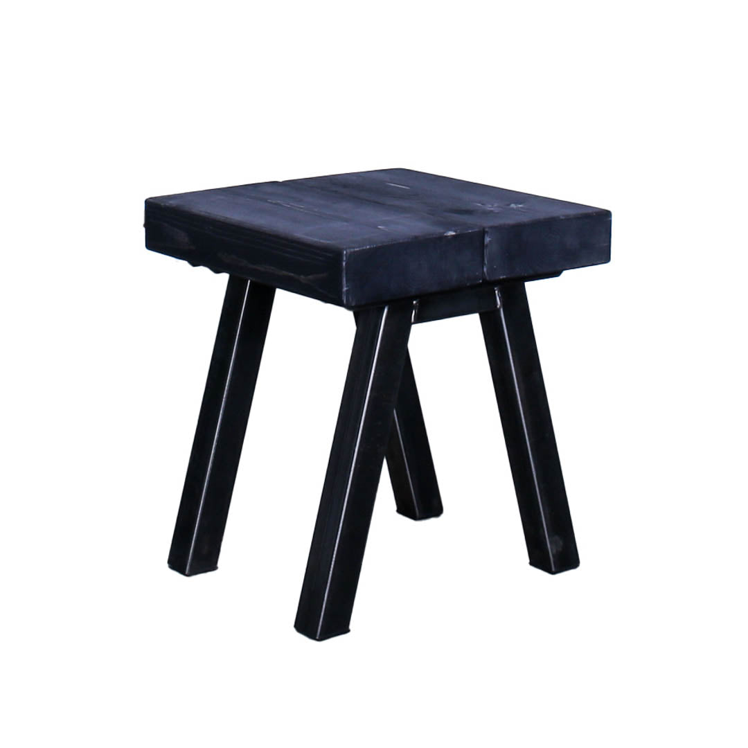 Solid oak garden side table with a chunky square top and four angled steel legs