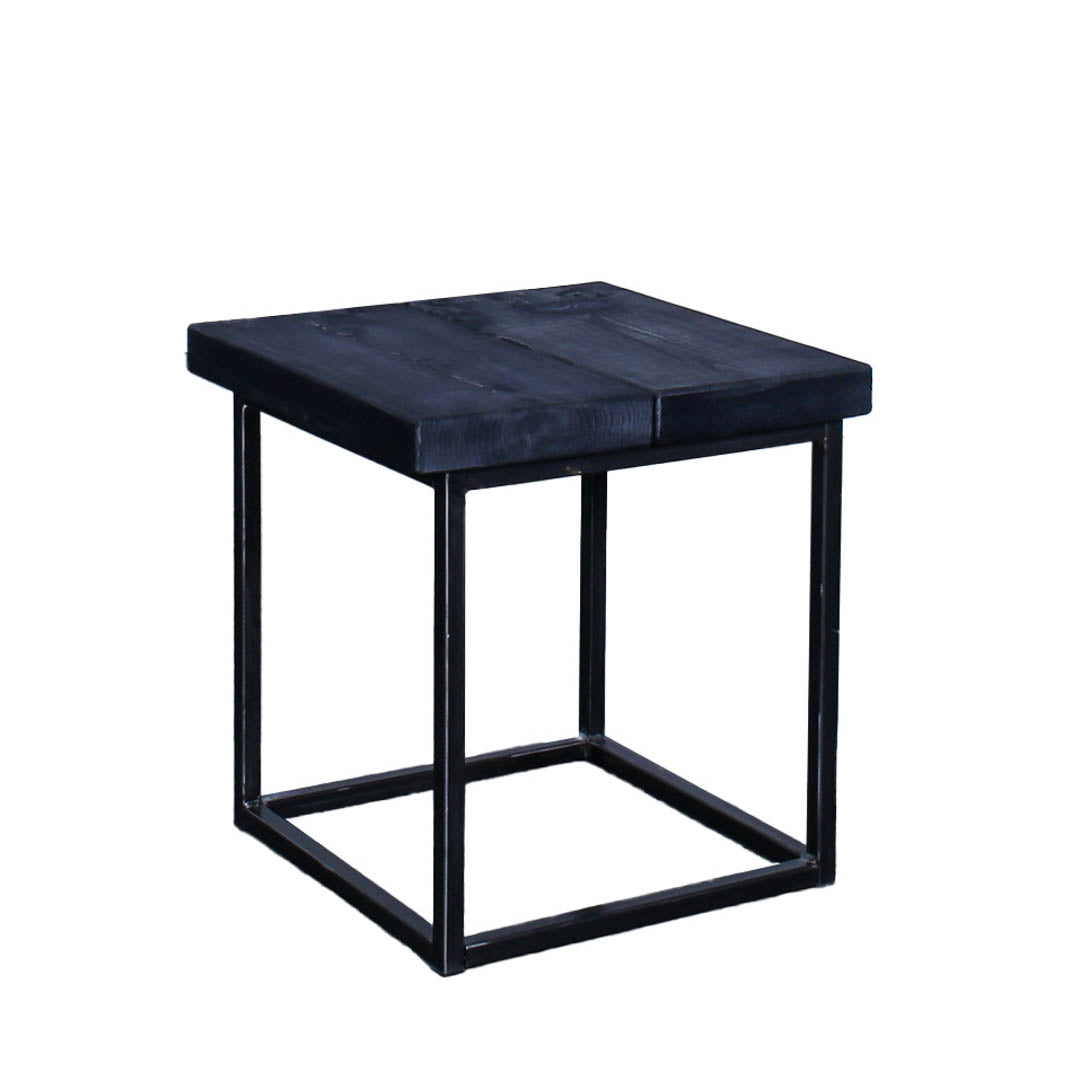 Rustic solid oak garden side table with a square top and compact steel cube frame