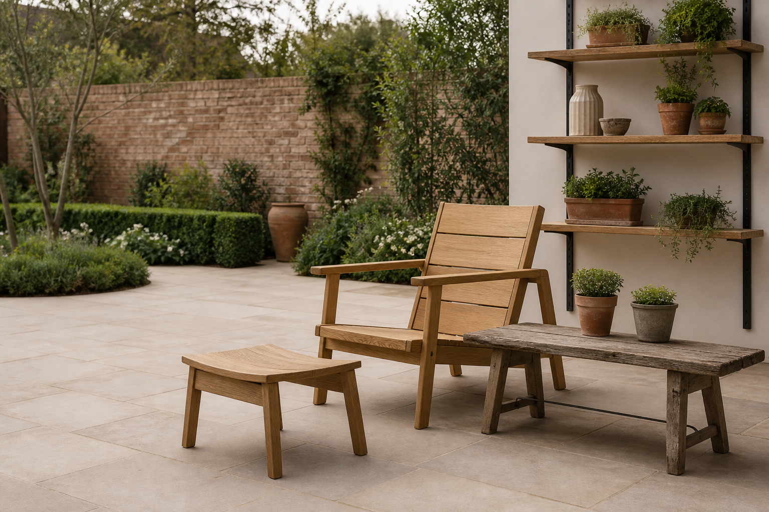 Refined garden terrace with oak seating, a wooden stool, side table and shelving